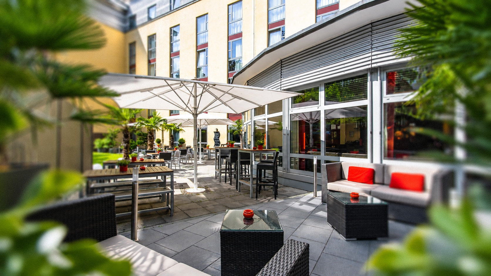 Sonnige Terrasse des PhiLeRo Hotel Köln mit Lounge-Möbeln und Palmen